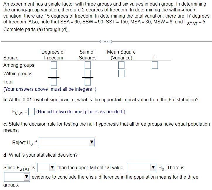 Solved The ANOVA summary table for an experiment with six | Chegg.com