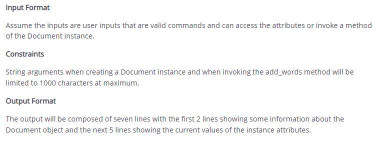 Solved Create a Python class, Document. Upon initialization, | Chegg.com