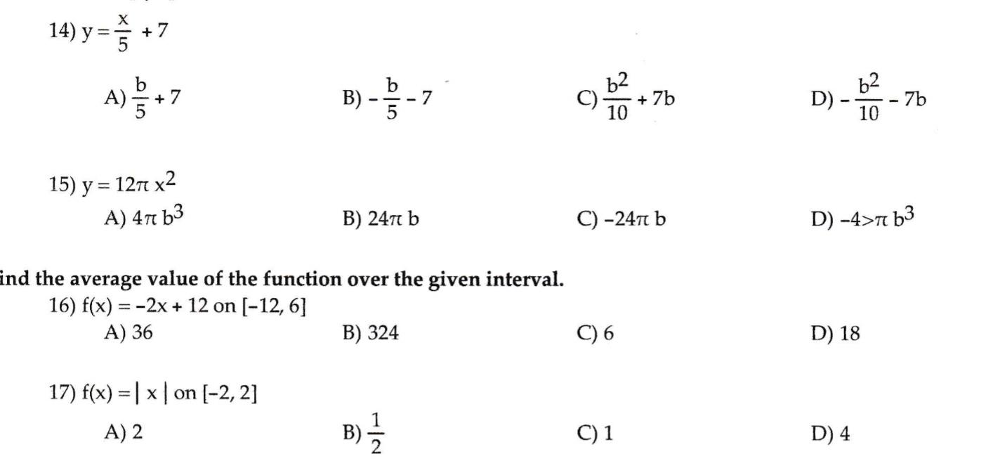 Solved 14) y = Ă +7 A) + 7 B) - 5 - 7 b2 C) + 7b 10 D) b2 - | Chegg.com