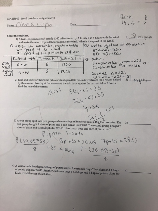Solved MATH040 Word problems assignment 10 Name Olivia Solve | Chegg.com
