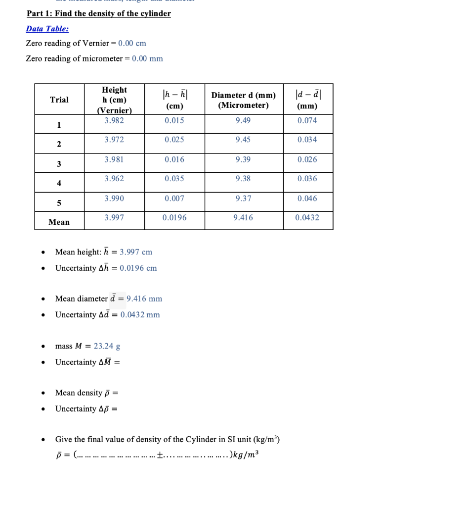 Solved Find The Uncertainty Of M And Find The Mean Densi Chegg Com