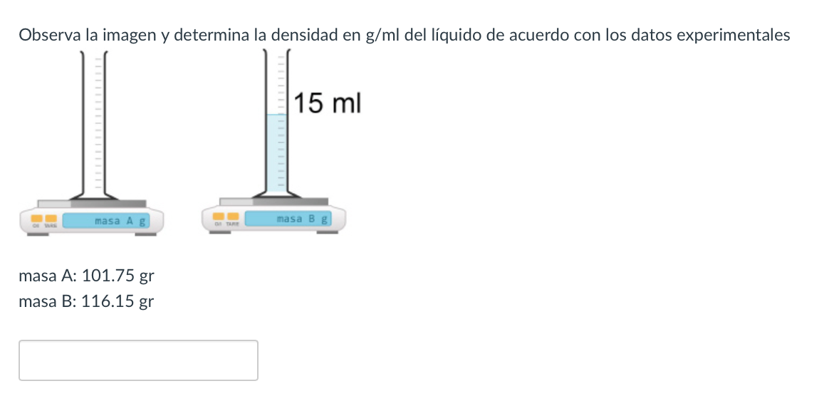 Observa la imagen y determina la densidad en \( \mathrm{g} / \mathrm{ml} \) del líquido de acuerdo con los datos experimental