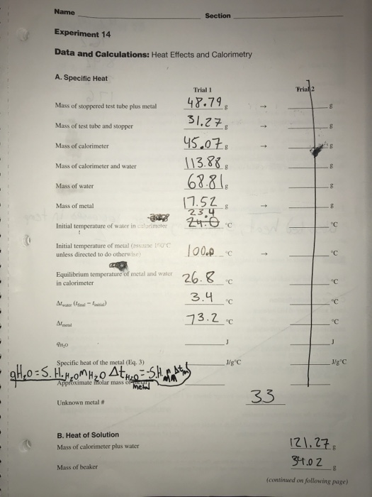Solved Name Experiment 14 Data and Calculations Heat