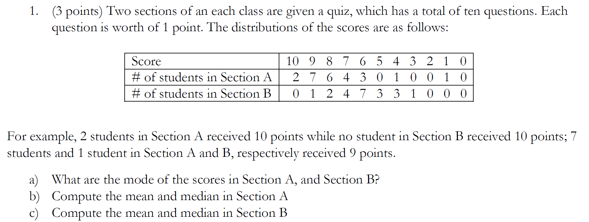 Solved 1. a (3 points) Two sections of an each class are | Chegg.com