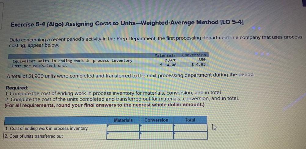 Solved Exercise 5-4 (Algo) Assigning Costs to Units-Weighted | Chegg.com