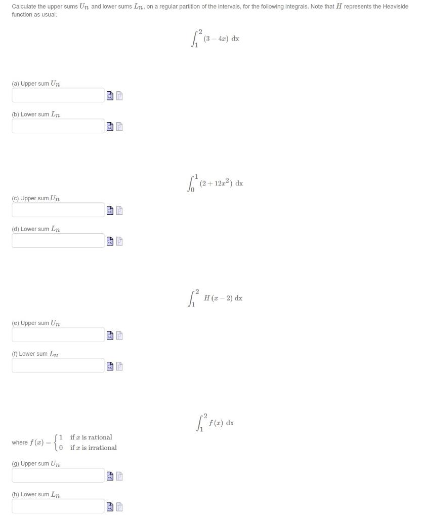 Solved Calculate the upper sums Un and lower sums In, on a | Chegg.com