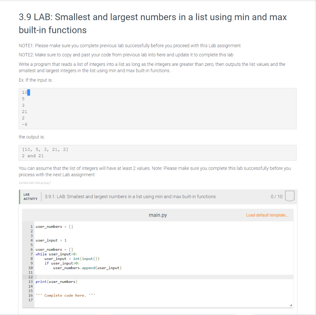 Solved Lab Smallest And Largest Numbers In A List Using Chegg Com