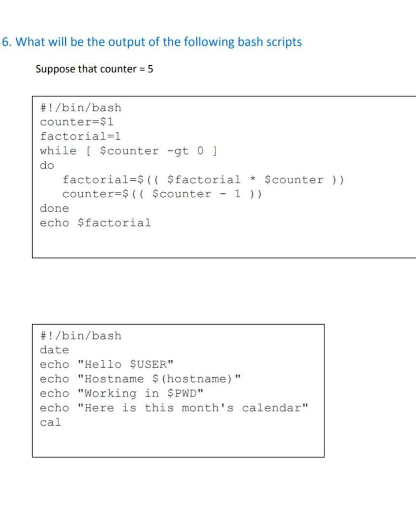Solved 6. What will be the output of the following bash | Chegg.com