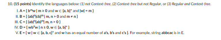 Solved 10. (15 points) Identify the languages below: (1) not | Chegg.com