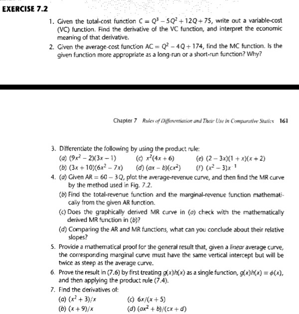 EXERCISE 7.2 1. Given the total-cost function C | Chegg.com