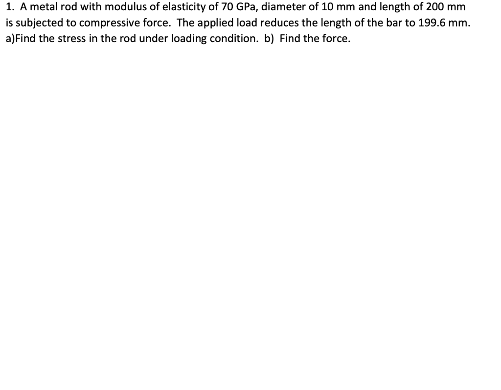 Solved 1. A metal rod with modulus of elasticity of 70 GPa, | Chegg.com