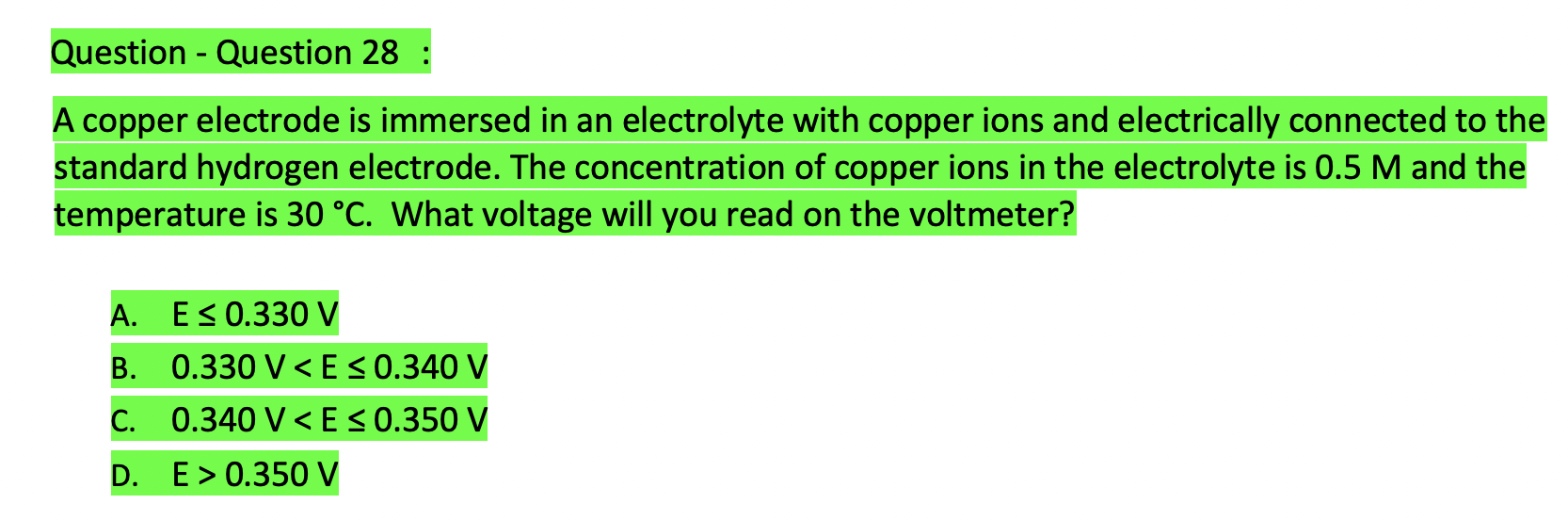 Solved Question - Question 28 : A Copper Electrode Is | Chegg.com ...