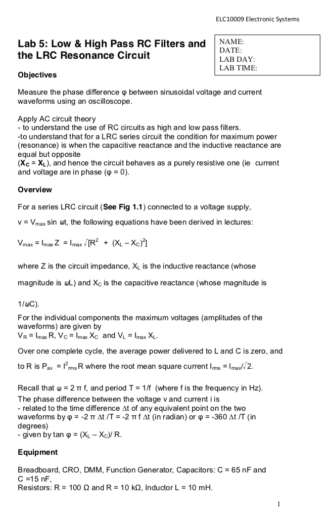 Solved ELC10009 Electronic Systems Lab 5 Low & High Pass RC