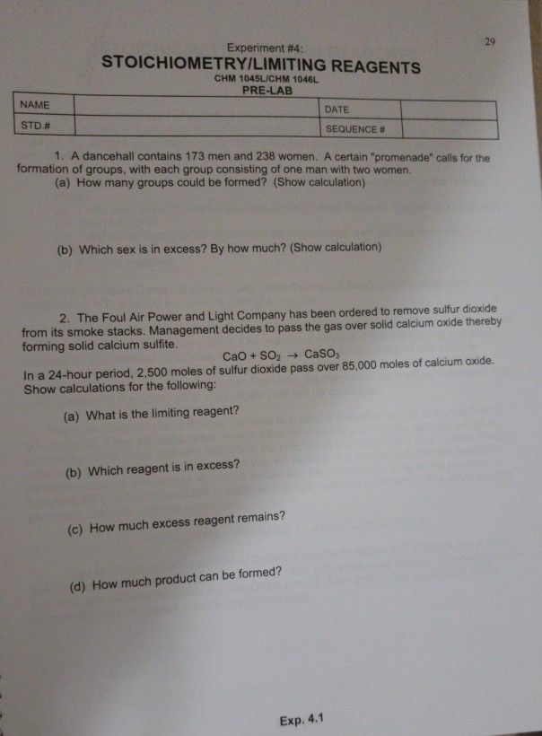 Solved Experiment #4: STOICHIOMETRY/LIMITING REAGENTS CHM | Chegg.com