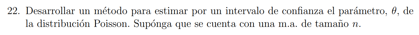 22. Desarrollar un método para estimar por un intervalo de confianza el parámetro, \( \theta \), de la distribución Poisson.