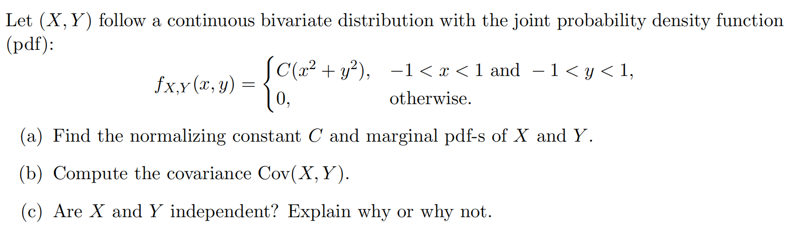 Solved Let (X,Y) follow a continuous bivariate distribution | Chegg.com