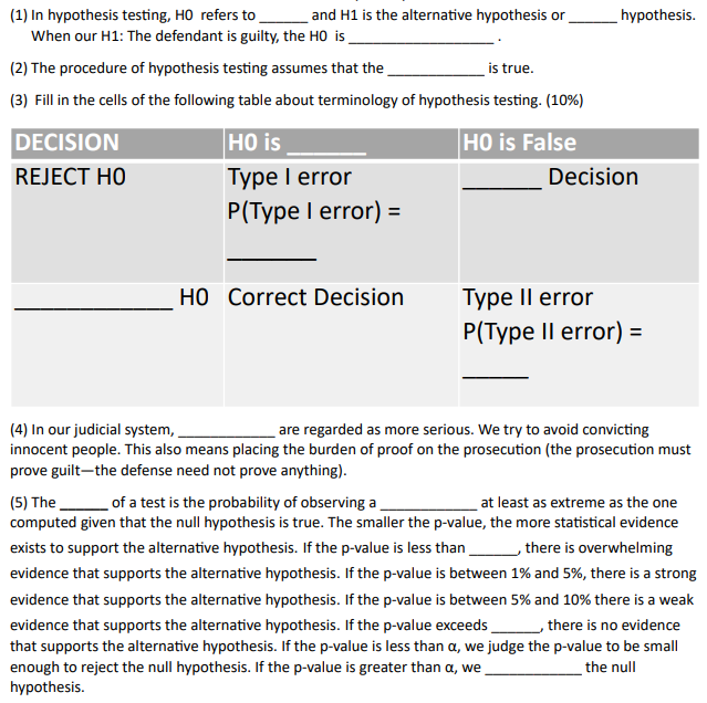 Solved (1) In hypothesis testing, HO refers to and H1 is the | Chegg.com