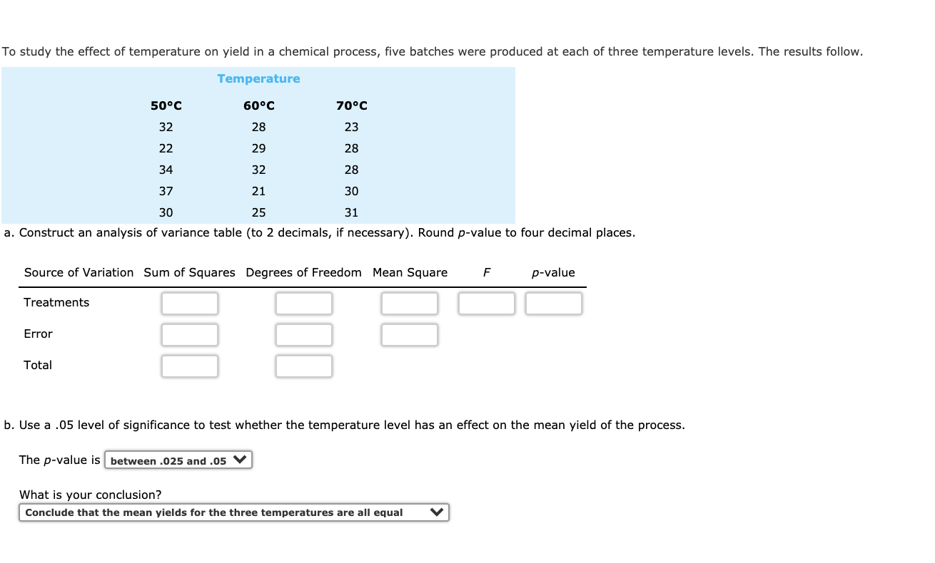Solved To study the effect of temperature on yield in a | Chegg.com