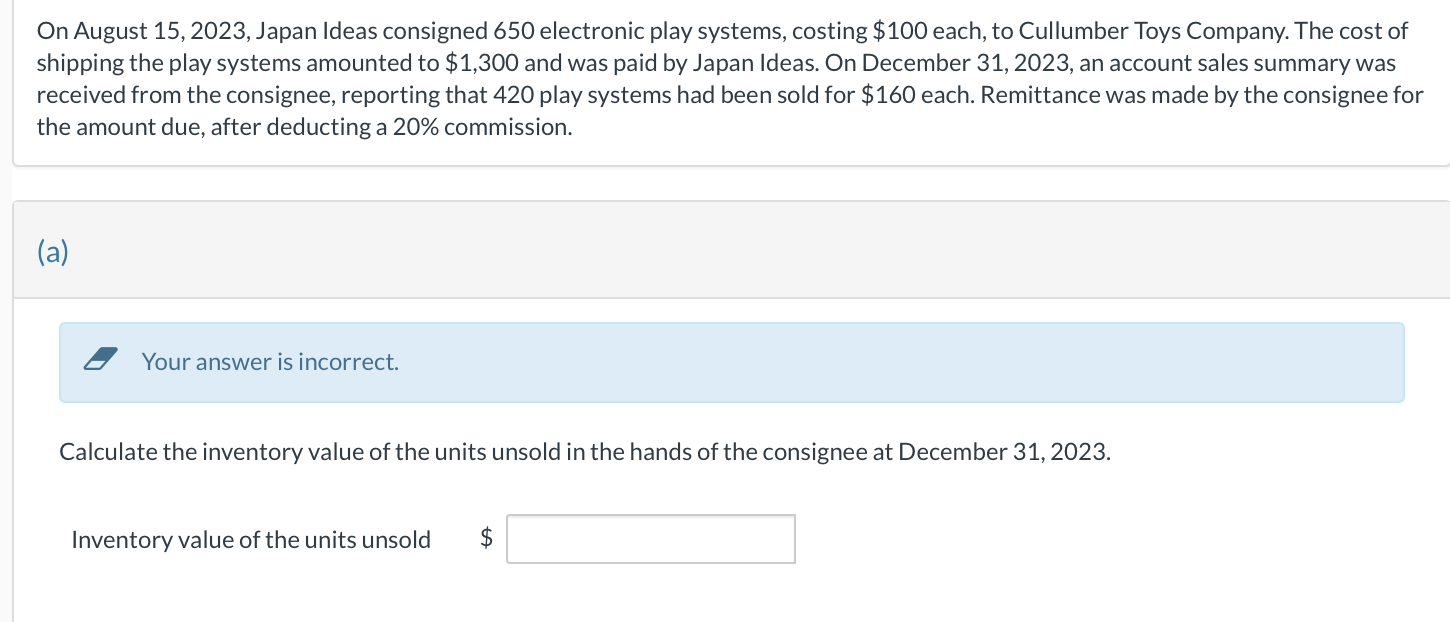 Solved On August 15, 2023, Japan Ideas consigned 650 | Chegg.com