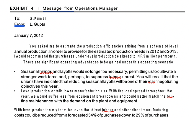 EXHIBIT 4 | message from operations manager to: g.kumar from: l. gupta january 7, 2012 you asked me to estimate the productio