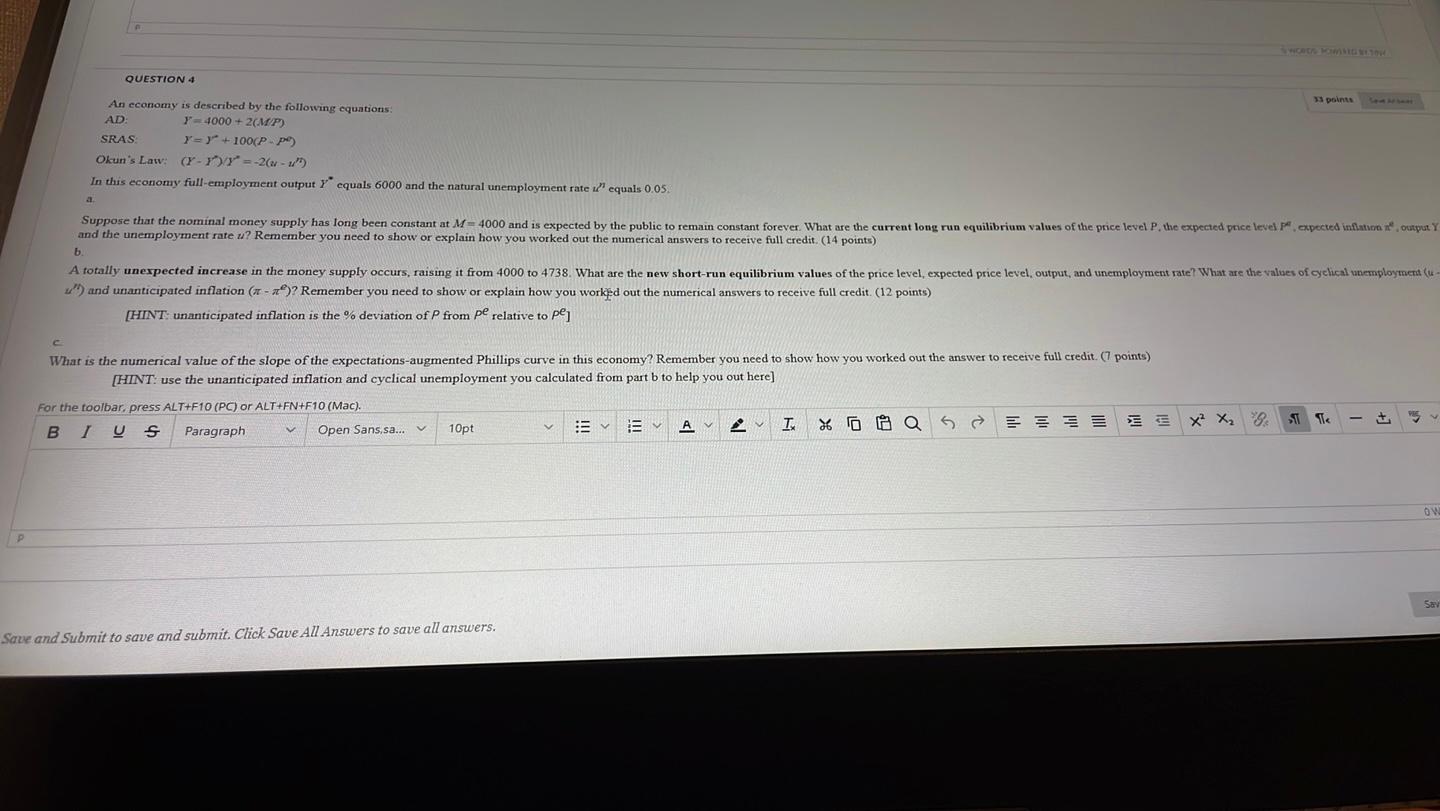 Solved P QUESTION 4 33 points An economy is described by the | Chegg.com