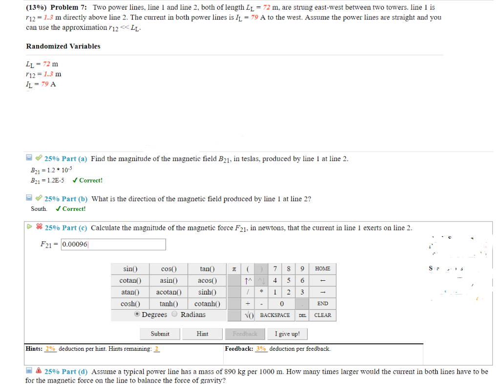 Solved (13%) Problem 7: Two power lines. line l and line 2, | Chegg.com