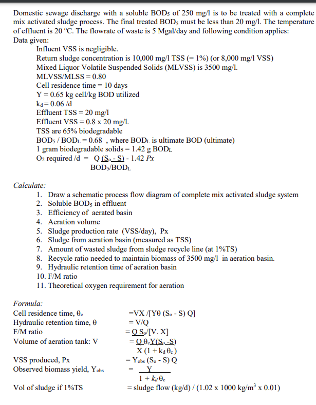 Solved Domestic sewage discharge with a soluble BOD5 of 250 | Chegg.com
