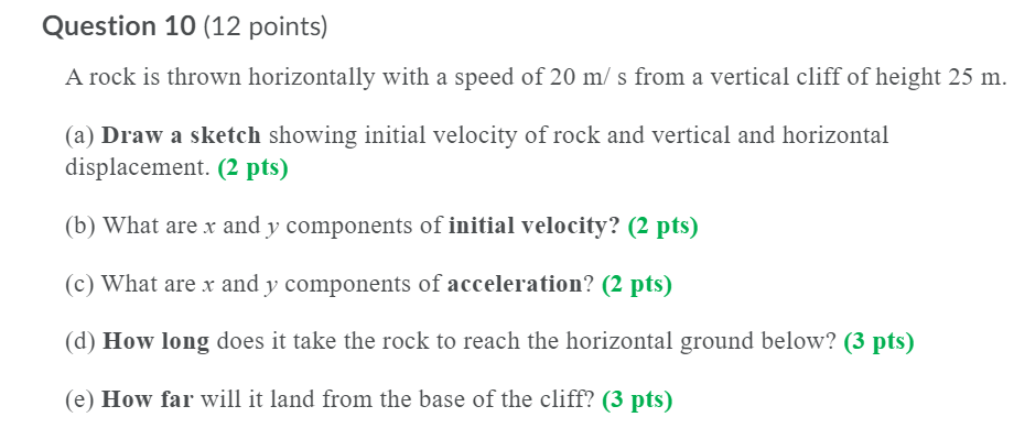 Solved Question 10 (12 points) A rock is thrown horizontally | Chegg.com