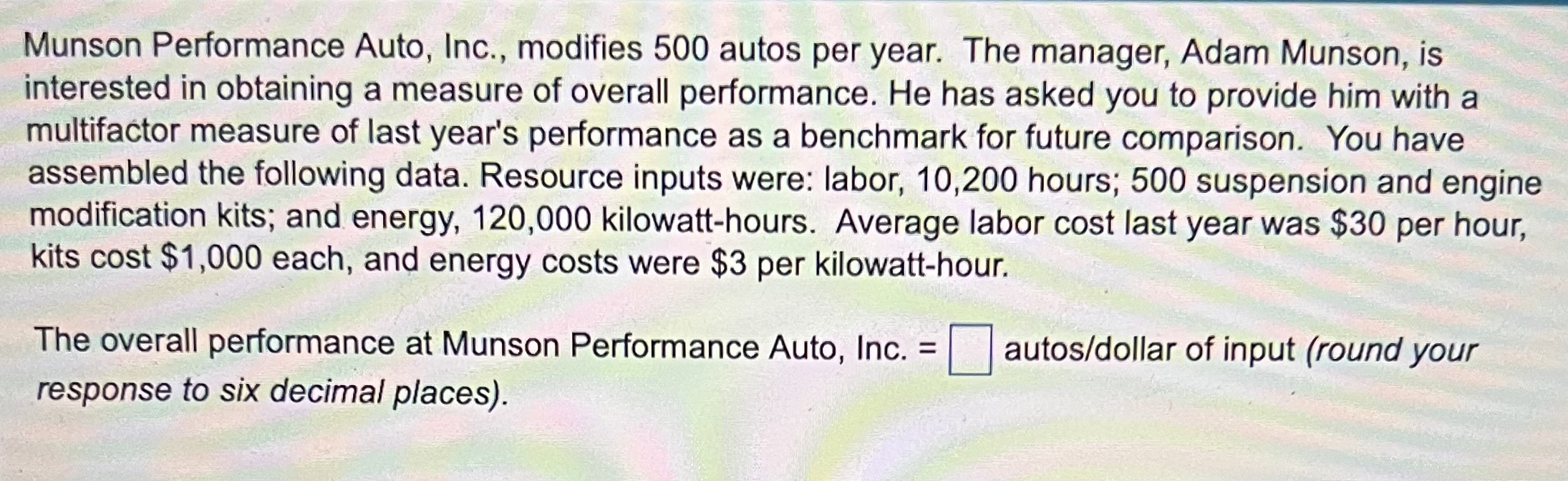 Solved Munson Performance Auto, Inc., modifies 500 autos per