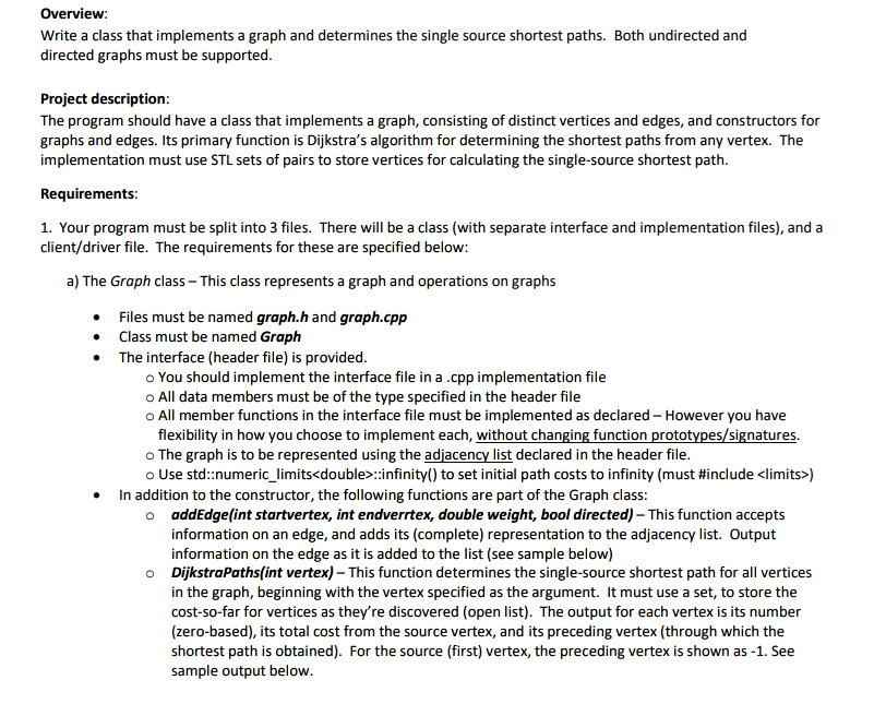 Overview: Write a class that implements a graph and | Chegg.com