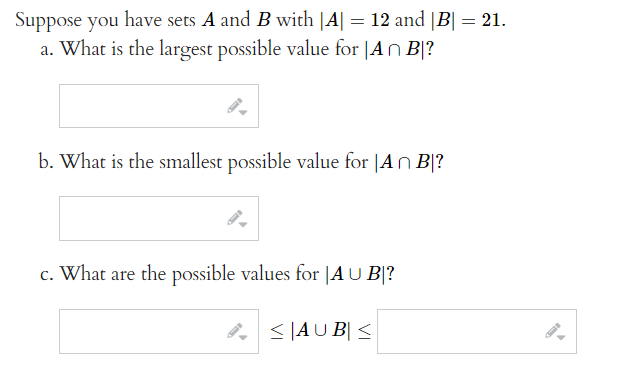 Solved Suppose You Have Sets A And B With ∣A∣=12 And ∣B∣=21 | Chegg.com