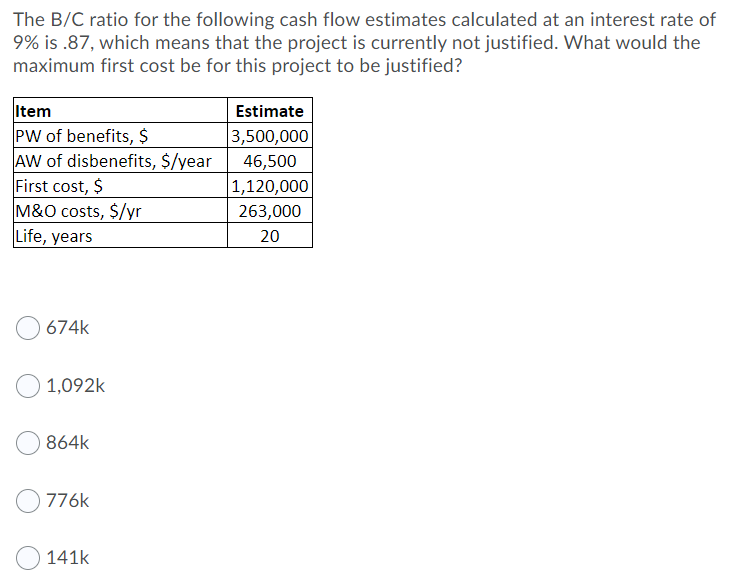 Solved The B/C ratio for the following cash flow estimates | Chegg.com