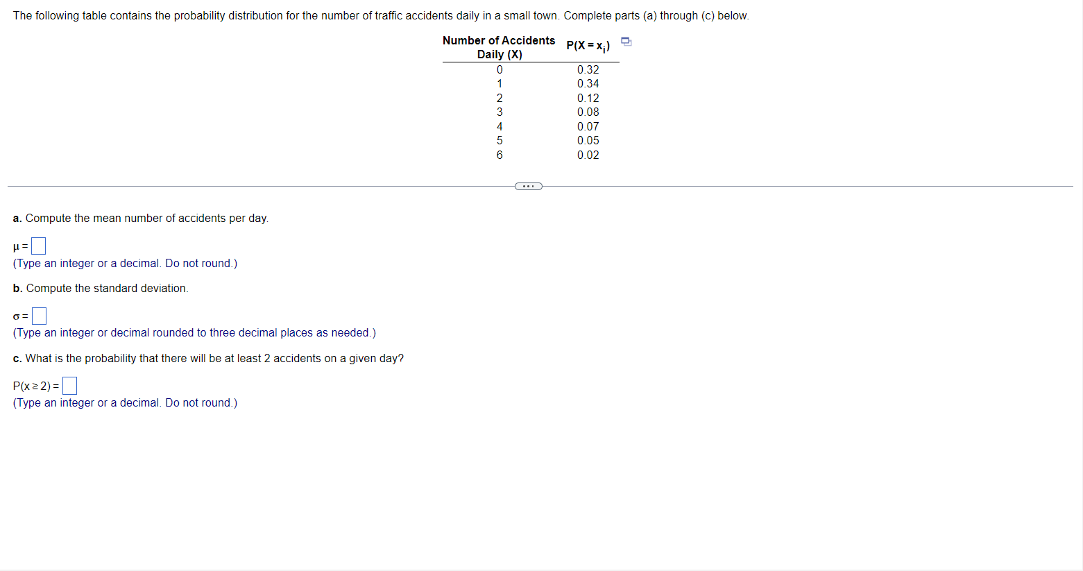 Solved a. Compute the mean number of accidents per day. μ= | Chegg.com