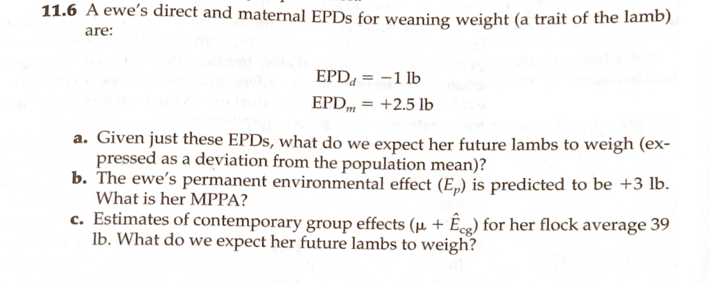 Solved 11.6 A ewe's d rect and maternal EPDs for weaning | Chegg.com