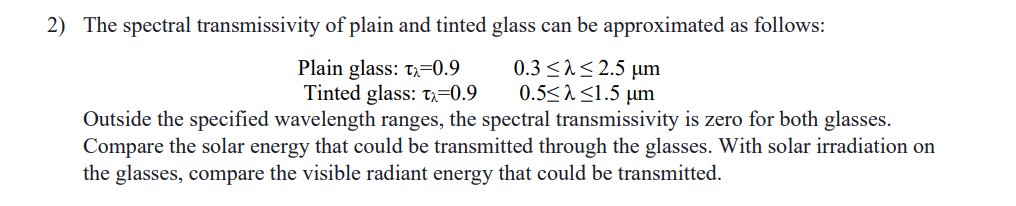 Solved 2) The spectral transmissivity of plain and tinted | Chegg.com