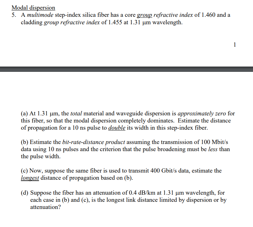 Solved Modal Dispersion A Multimode Step Index Silica Chegg Com