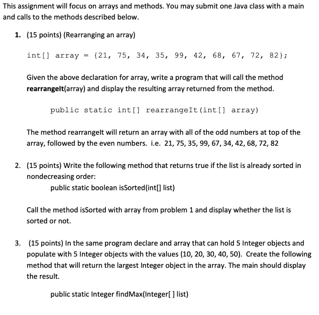 Solved This assignment will focus on arrays and methods. You | Chegg.com