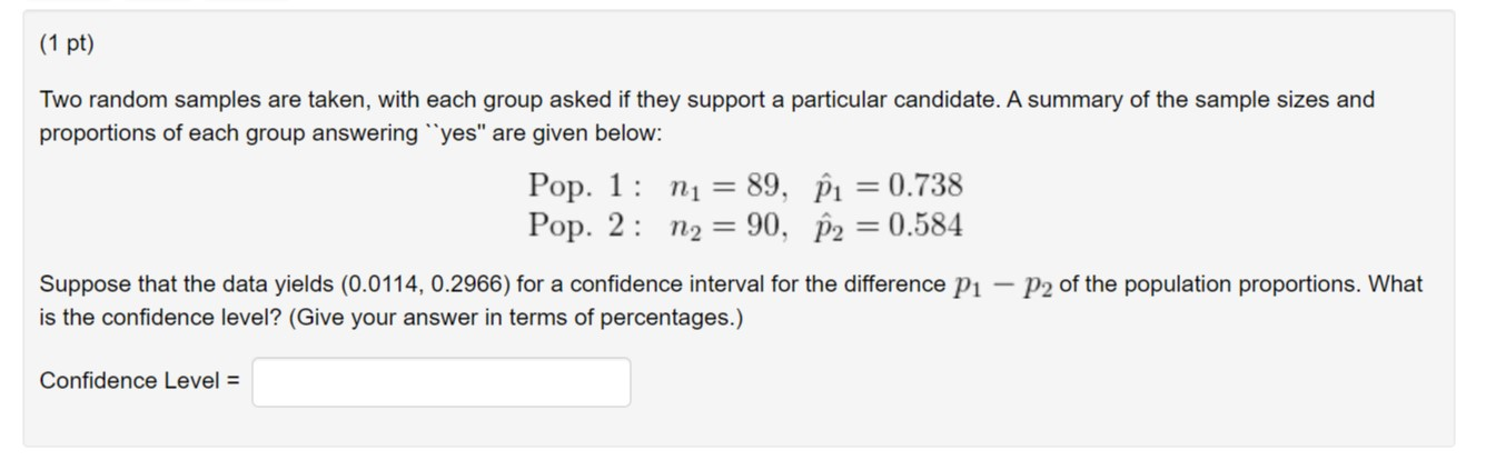 Solved (1 pt) Two random samples are taken, with each group | Chegg.com