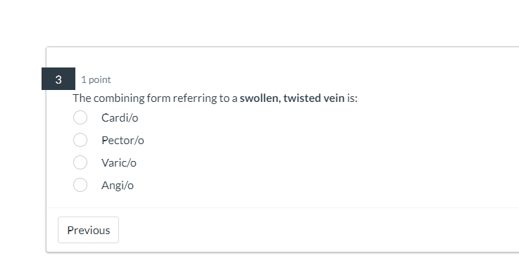 Solved 31 ﻿pointThe combining form referring to a swollen, | Chegg.com