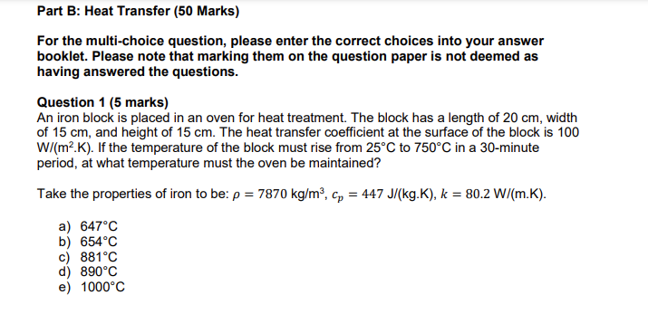 Solved Part B: Heat Transfer (50 Marks) For The Multi-choice | Chegg.com