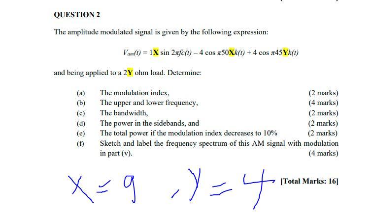 QUESTION 2 The amplitude modulated signal is given by | Chegg.com