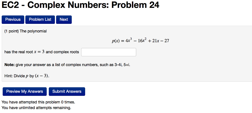 Solved EC2 Complex Numbers: Problem 24 Previous Problem List | Chegg.com