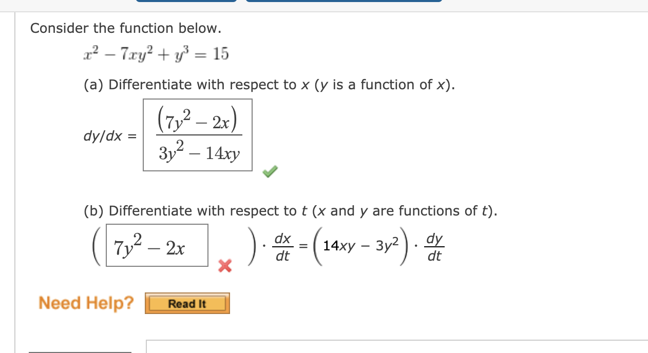 Solved Consider the function below. r? - 7.xy2 + y = 15 (a) | Chegg.com