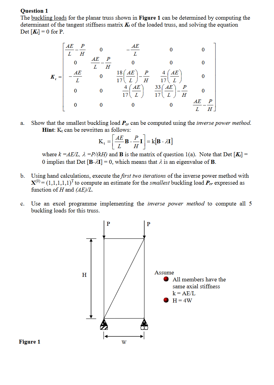 Question 1 The buckling loads for the planar truss | Chegg.com