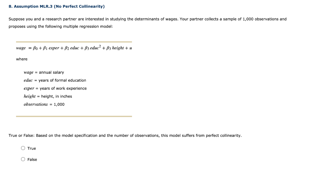 Solved 8. Assumption MLR.3 (No Perfect Collinearity) Suppose | Chegg.com