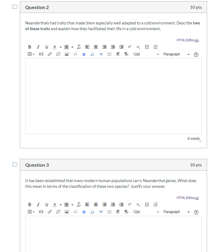 Solved Question 2 10 Pts Neanderthals Had Traits That Mad Chegg Com