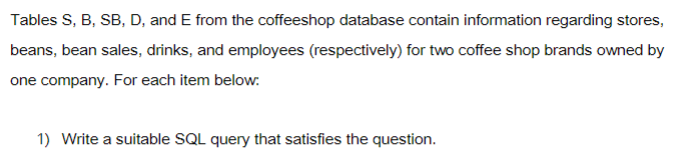 Solved Tables S, B, SB, D, and E from the coffeeshop | Chegg.com