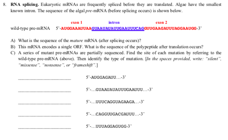 Solved 8. RNA splicing. Eukaryotic mRNAs are frequently | Chegg.com