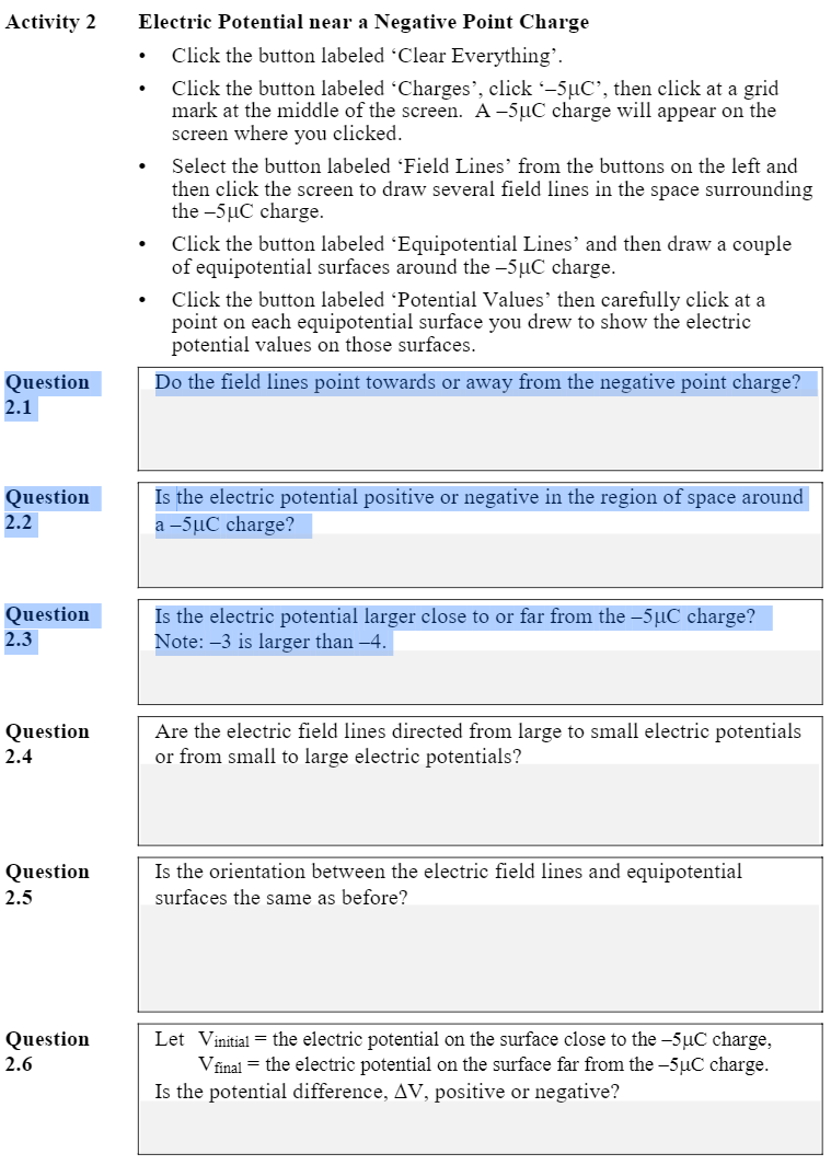 Solved Activity 2 Electric Potential near a Negative Point | Chegg.com