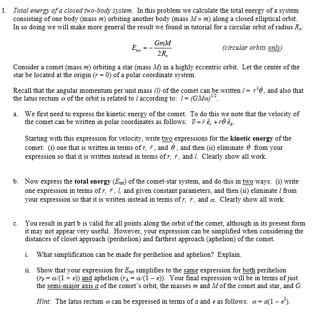 Total Energy Ofa Closed Two Body System In This Pr Chegg Com